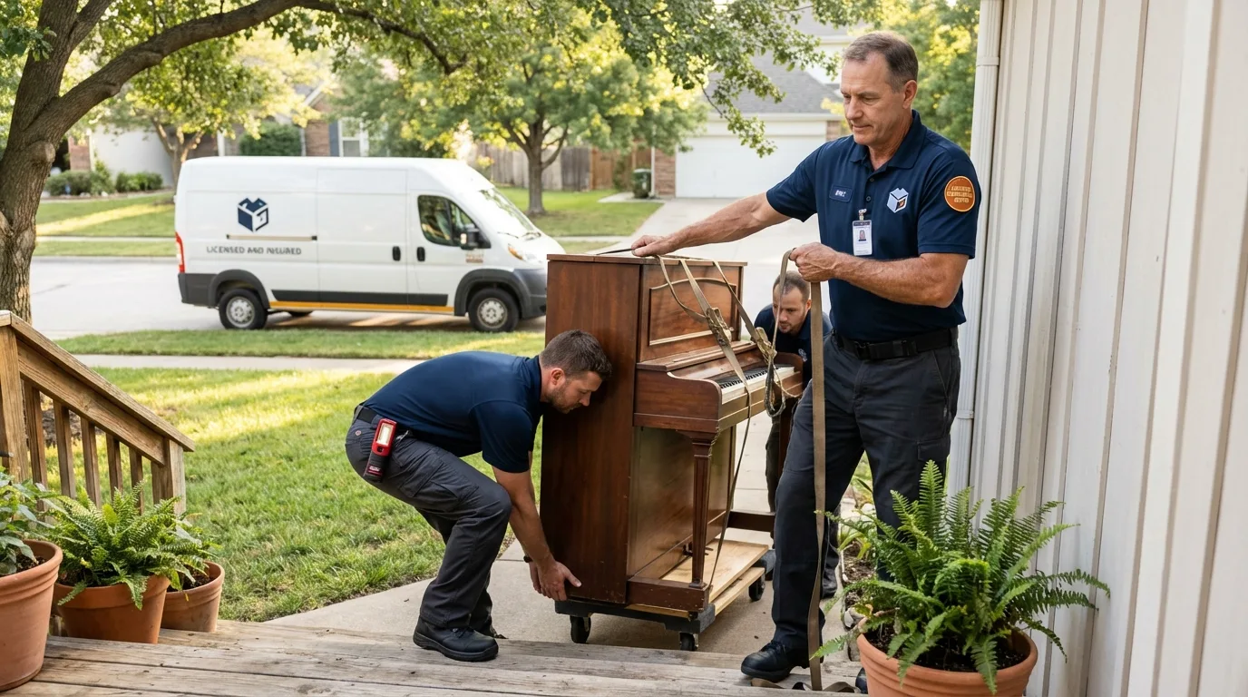 Licensed piano movers securing grand piano in Bridgeton, MO