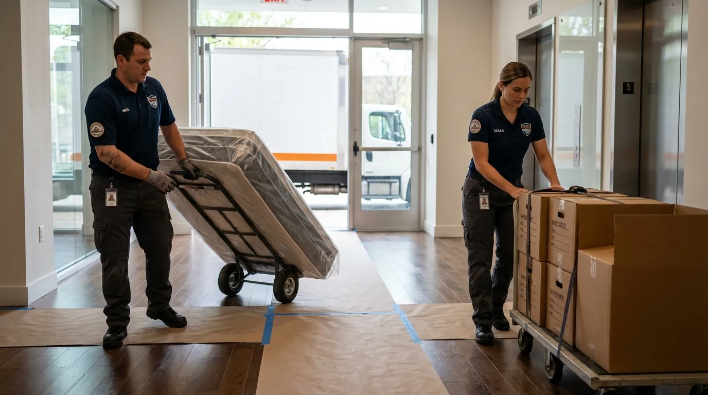 Professional apartment movers loading elevator in Bridgeton, MO